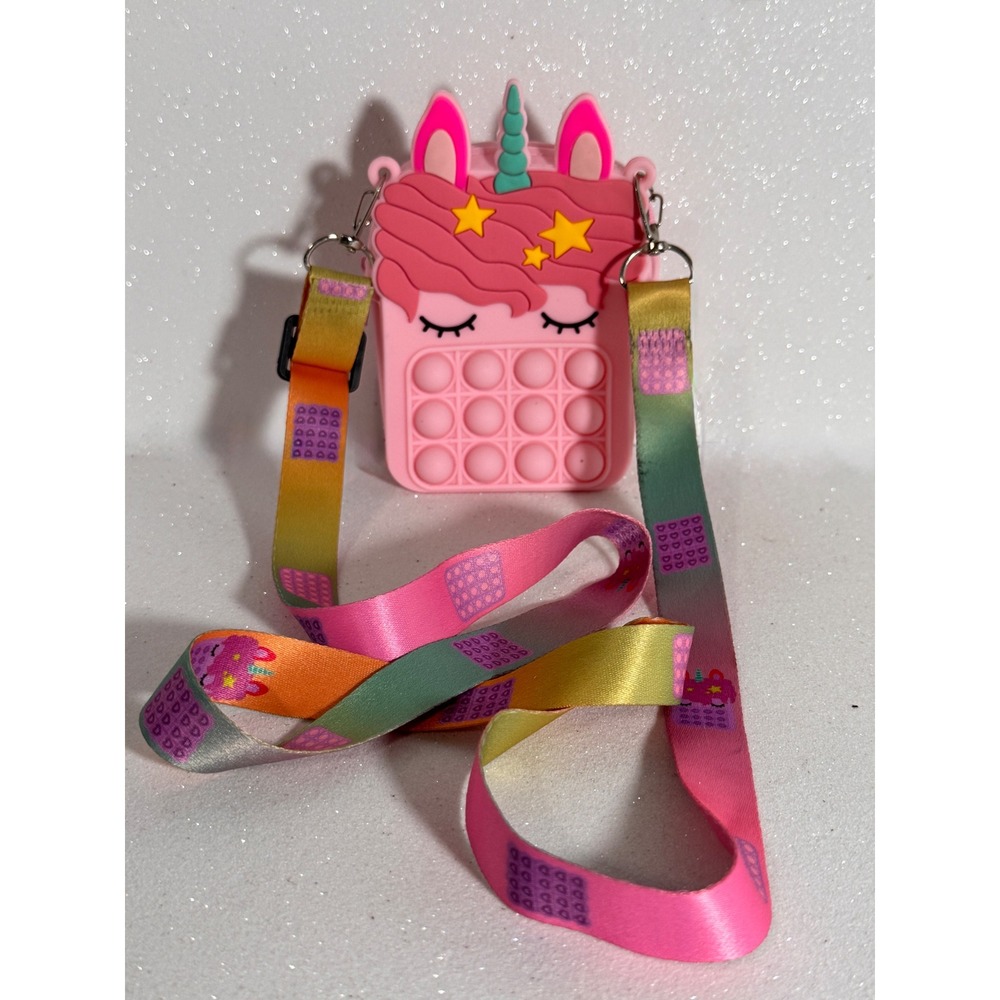 Pink Unicorn Pop Fidget Crossbody Bag Silicone Sensory Toy Purse Rainbow Strap